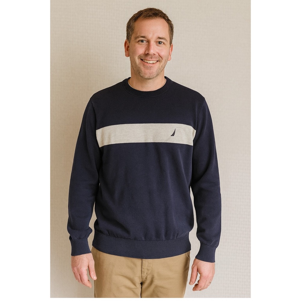 Nautica Mens Nautical Classic Navy Blue Gray Stripe Sweater, Medium M